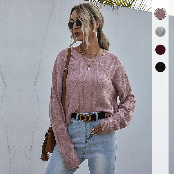 Cable Knit Pullover Sweater with Crewneck and Long Sleeves