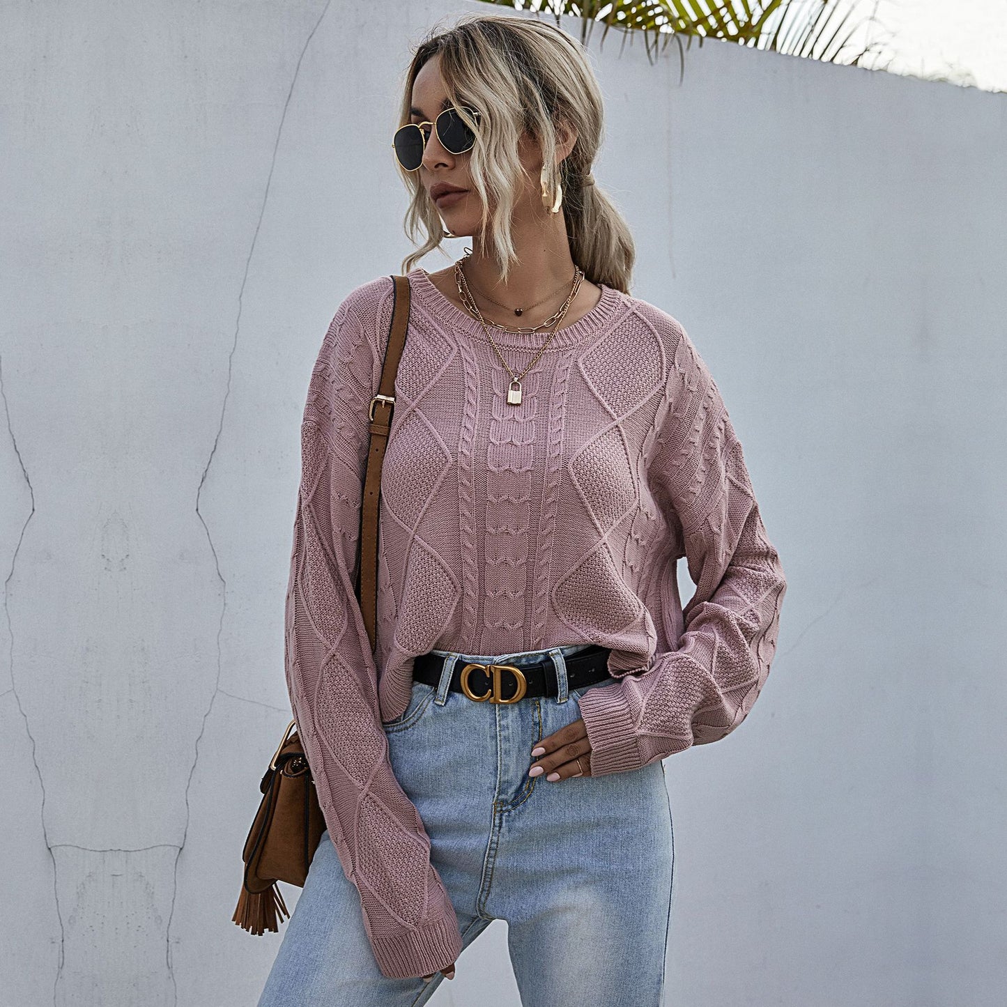 Cable Knit Pullover Sweater with Crewneck and Long Sleeves