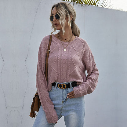 Cable Knit Pullover Sweater with Crewneck and Long Sleeves
