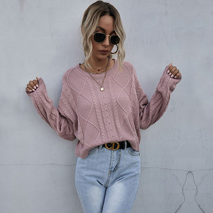 Cable Knit Pullover Sweater with Crewneck and Long Sleeves
