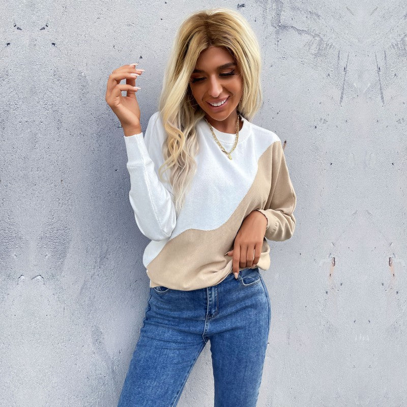 Color-Blocked Knit Pullover with Crewneck and Long Sleeves