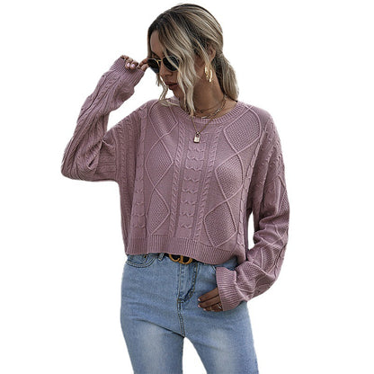 Cable Knit Pullover Sweater with Crewneck and Long Sleeves