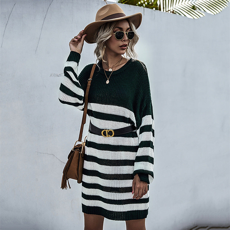 Striped Knit Sweater Dress with Crewneck and Long Sleeves