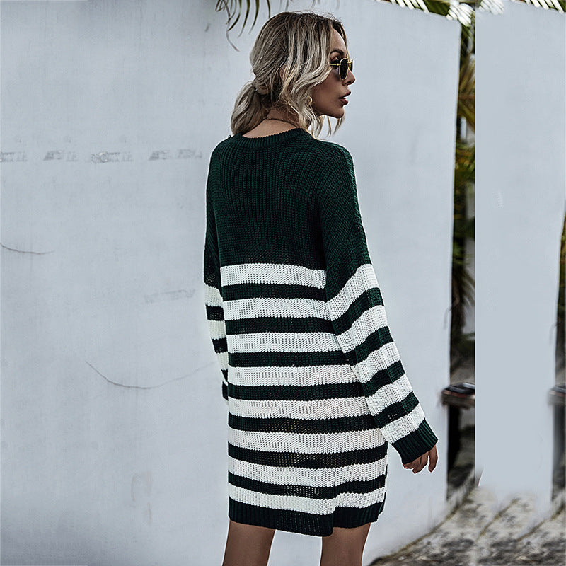Striped Knit Sweater Dress with Crewneck and Long Sleeves