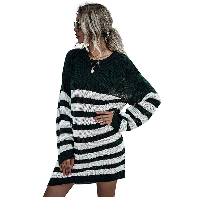 Striped Knit Sweater Dress with Crewneck and Long Sleeves