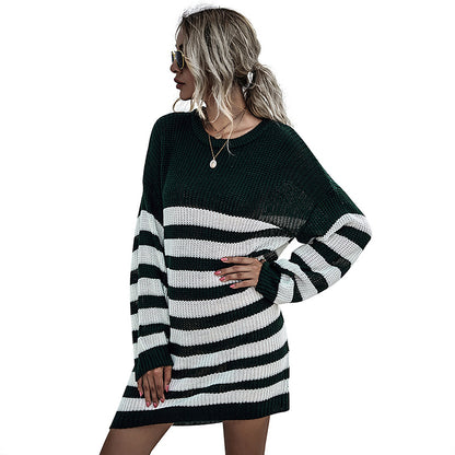 Striped Knit Sweater Dress with Crewneck and Long Sleeves
