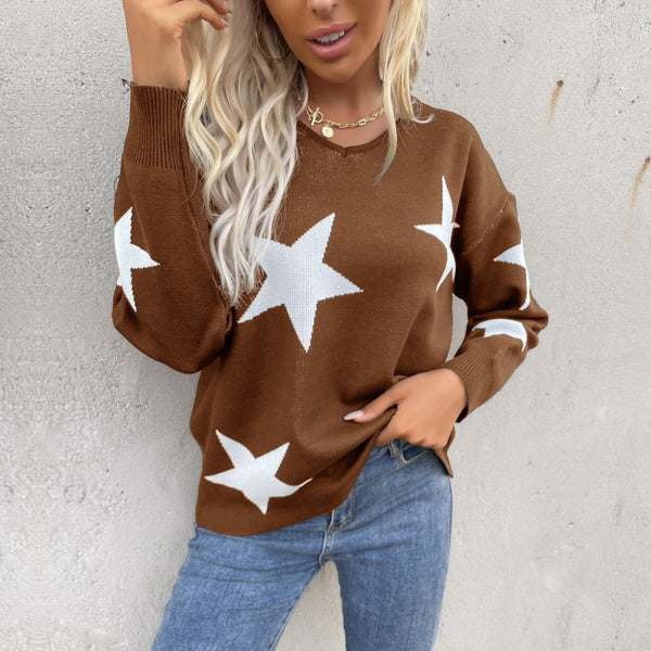 Loose Star Pattern Knitted Pullover with Crewneck