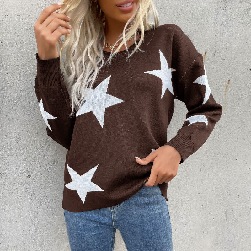 Loose Star Pattern Knitted Pullover with Crewneck