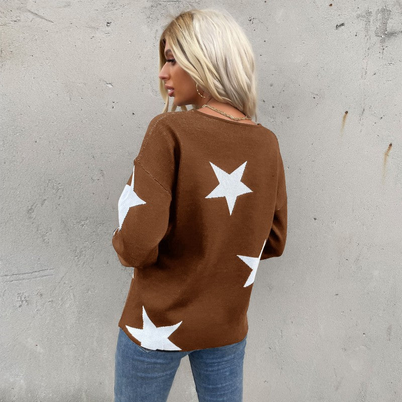 Loose Star Pattern Knitted Pullover with Crewneck