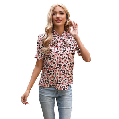 Floral Print Blouse with Tie-Neck and Ruffle Sleeves