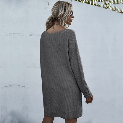 Loose-Fit Cable-Knit Sweater Dress with V-Neck