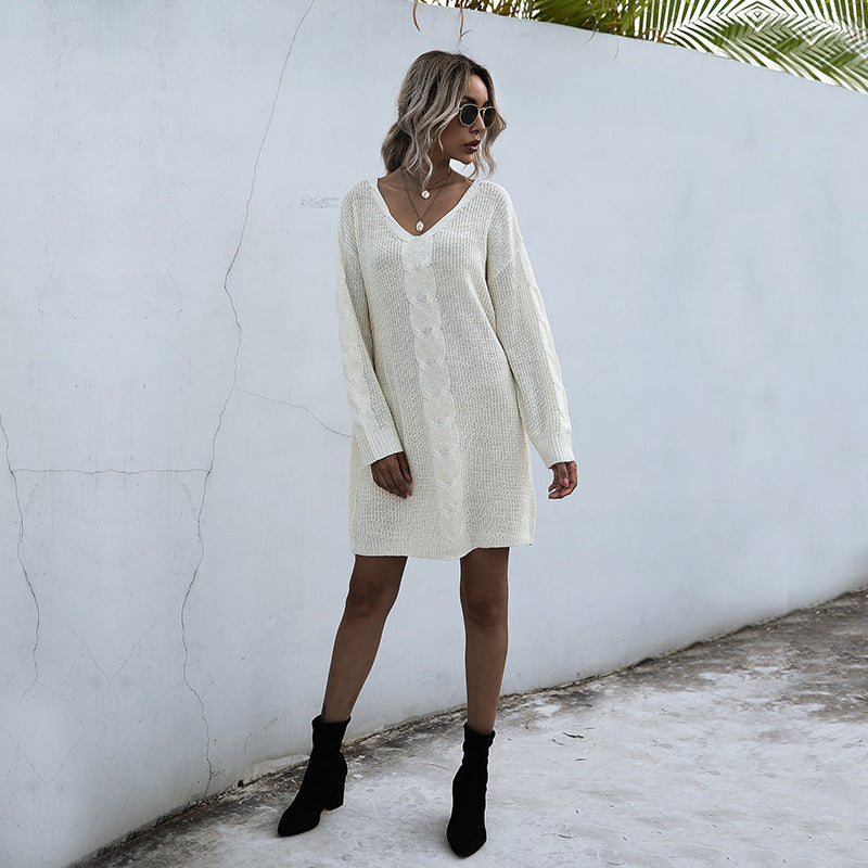 Loose-Fit Cable-Knit Sweater Dress with V-Neck