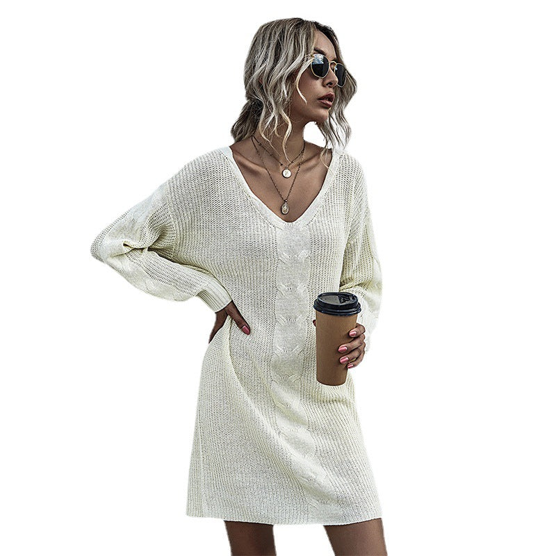 Loose-Fit Cable-Knit Sweater Dress with V-Neck