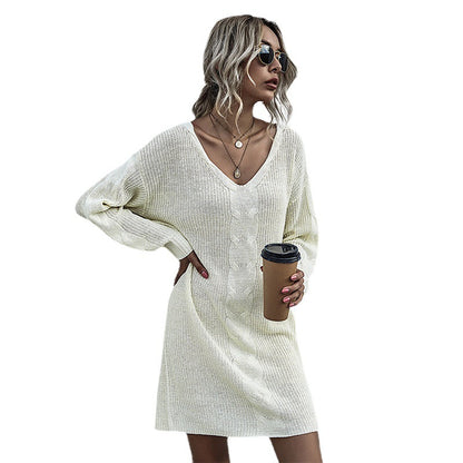 Loose-Fit Cable-Knit Sweater Dress with V-Neck
