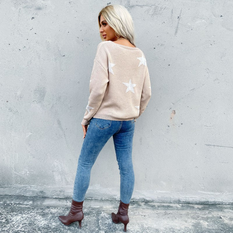 Star Print Knit Sweater with Crewneck and Long Sleeves