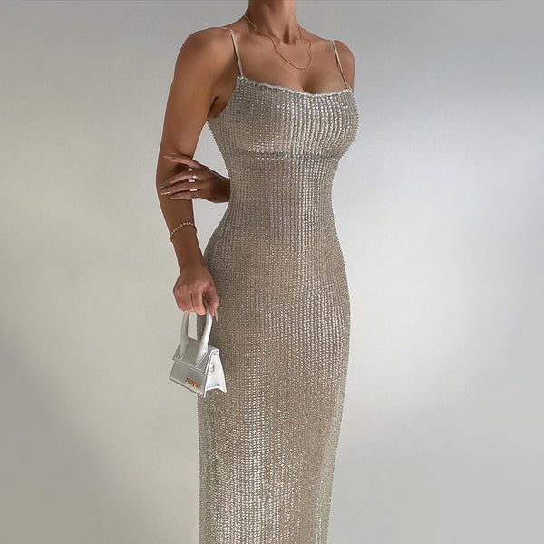 Bodycon Maxi Dress with Fine Sequins and Spaghetti Straps