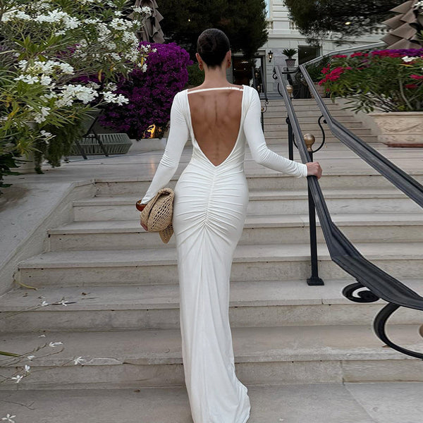 Ruched Bodycon Maxi Dress with Open Back and Long Sleeves