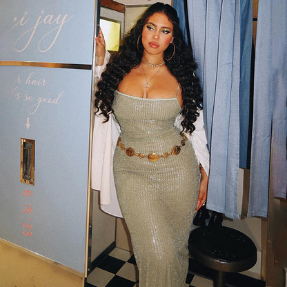 Bodycon Maxi Dress with Fine Sequins and Spaghetti Straps