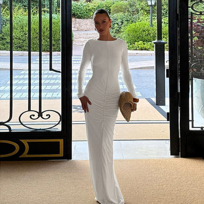 Ruched Bodycon Maxi Dress with Open Back and Long Sleeves