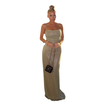 Bodycon Maxi Dress with Fine Sequins and Spaghetti Straps