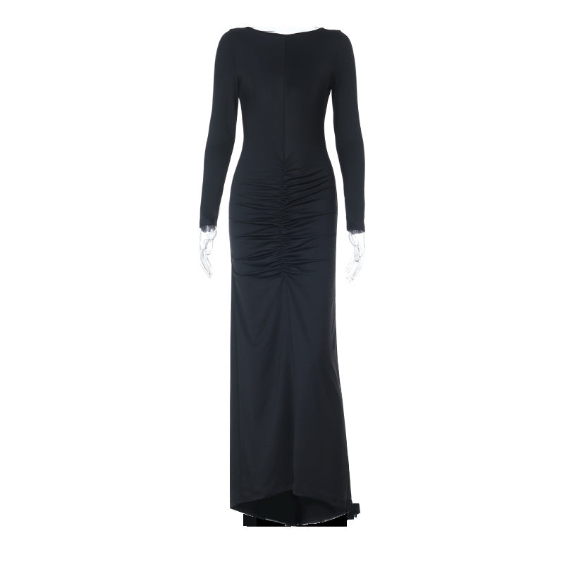 Ruched Bodycon Maxi Dress with Open Back and Long Sleeves