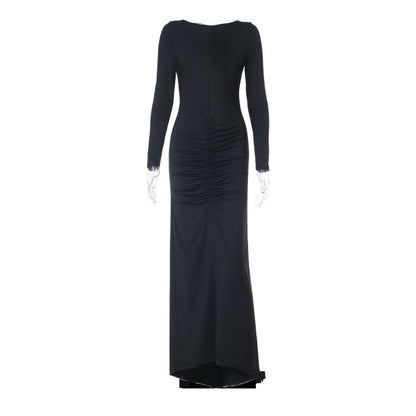 Ruched Bodycon Maxi Dress with Open Back and Long Sleeves