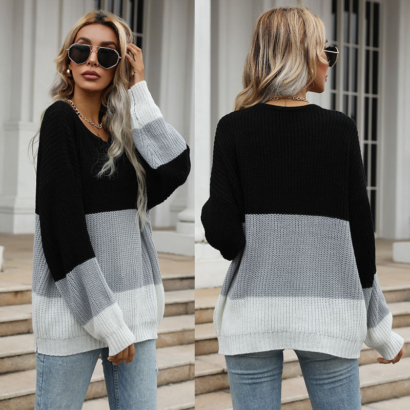 Loose Color-Blocked Pullover Knit with Crewneck
