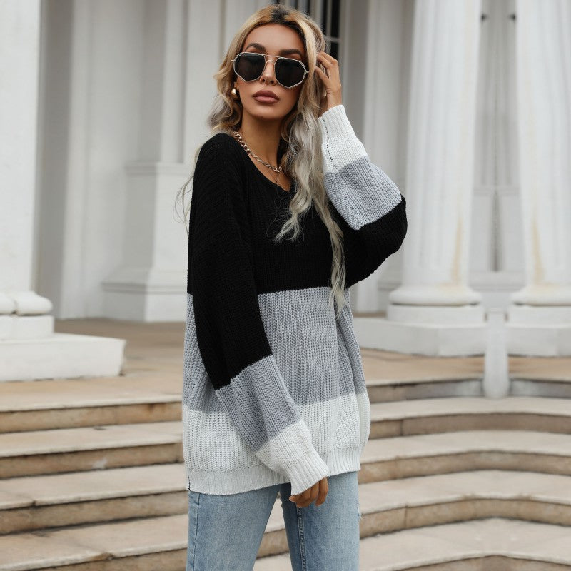 Loose Color-Blocked Pullover Knit with Crewneck