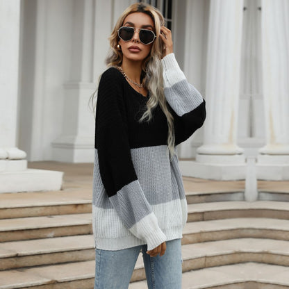Loose Color-Blocked Pullover Knit with Crewneck