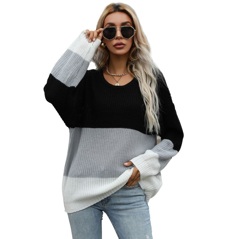 Loose Color-Blocked Pullover Knit with Crewneck