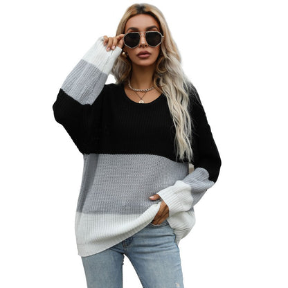 Loose Color-Blocked Pullover Knit with Crewneck