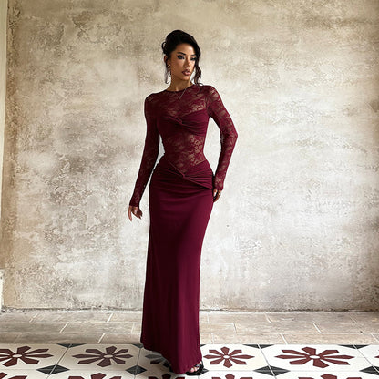 Lace Patchwork Bodycon Maxi Dress with Ruched Detail