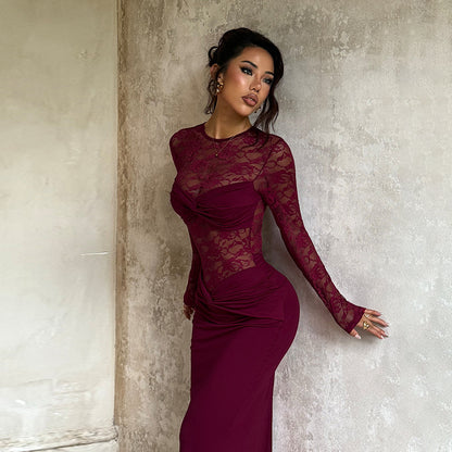 Lace Patchwork Bodycon Maxi Dress with Ruched Detail