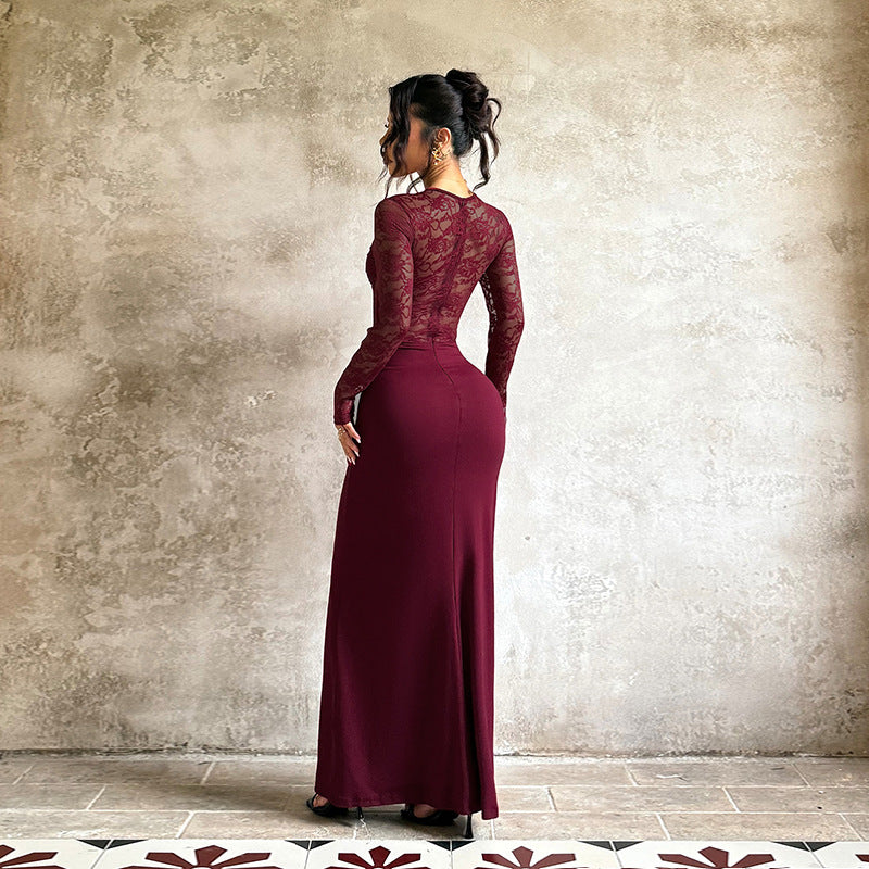 Lace Patchwork Bodycon Maxi Dress with Ruched Detail