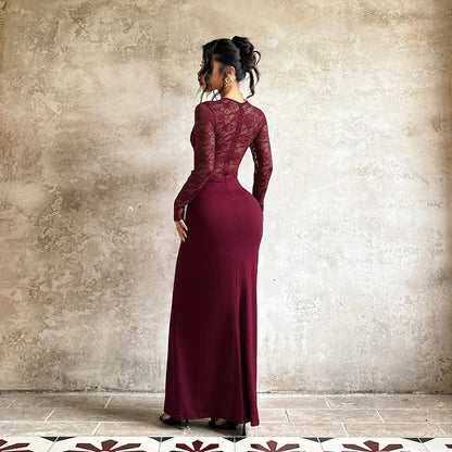 Lace Patchwork Bodycon Maxi Dress with Ruched Detail