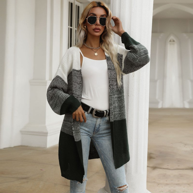 Color-Blocked Mid-Length Knit Cardigan with V-Neck