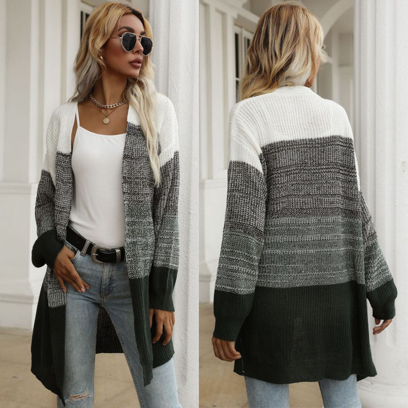 Color-Blocked Mid-Length Knit Cardigan with V-Neck