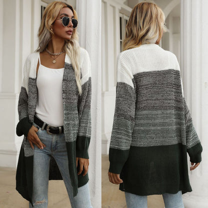 Color-Blocked Mid-Length Knit Cardigan with V-Neck