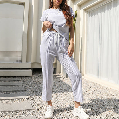 Striped Two-Piece Set with Short Sleeves and Drawstring Trousers