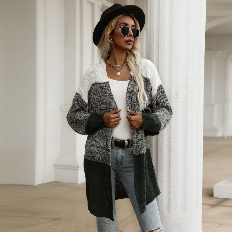 Color-Blocked Mid-Length Knit Cardigan with V-Neck