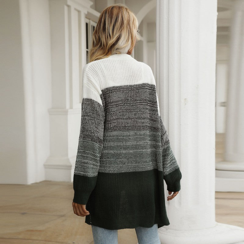 Color-Blocked Mid-Length Knit Cardigan with V-Neck