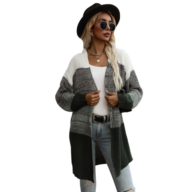 Color-Blocked Mid-Length Knit Cardigan with V-Neck