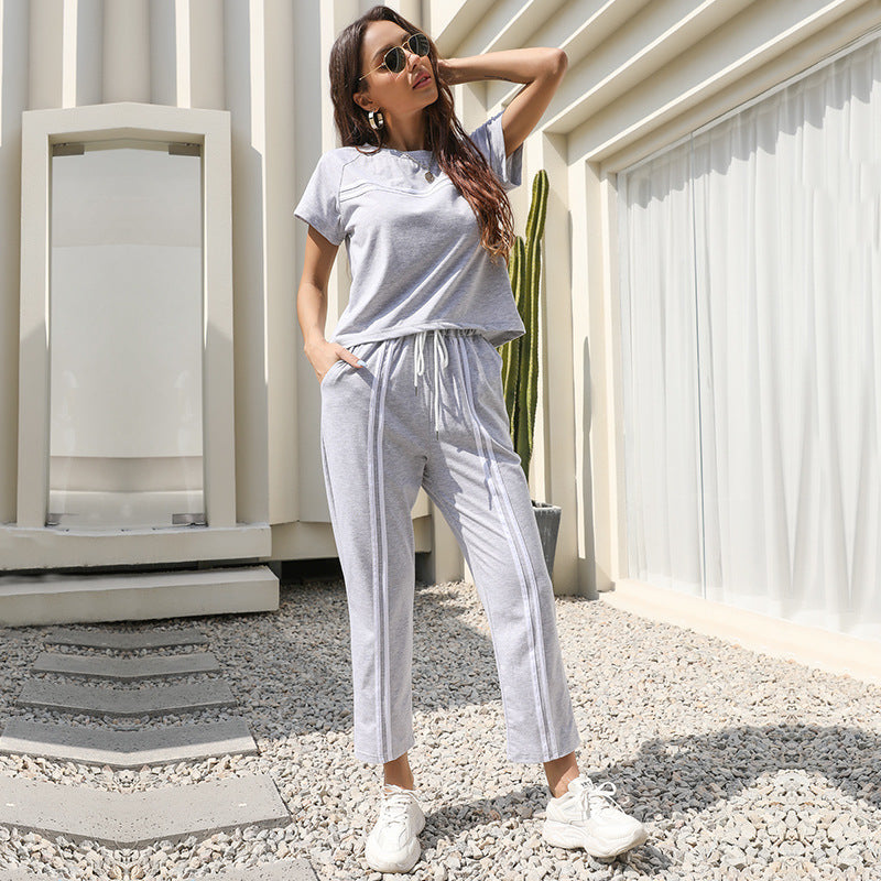 Striped Two-Piece Set with Short Sleeves and Drawstring Trousers