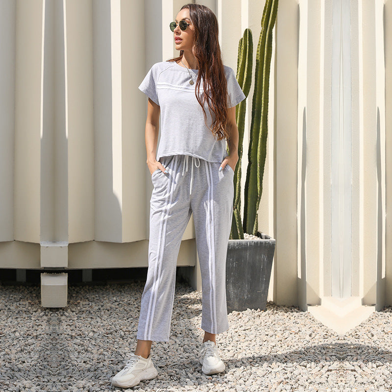 Striped Two-Piece Set with Short Sleeves and Drawstring Trousers