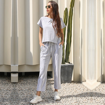 Striped Two-Piece Set with Short Sleeves and Drawstring Trousers