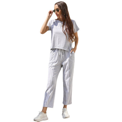 Striped Two-Piece Set with Short Sleeves and Drawstring Trousers