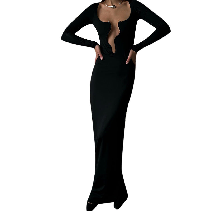 Asymmetrical High-Waisted Long Sleeve Dress Solid Color Patchwork