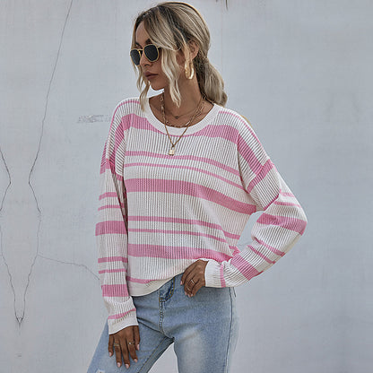 Striped Crewneck Knit Sweater with Long Sleeves