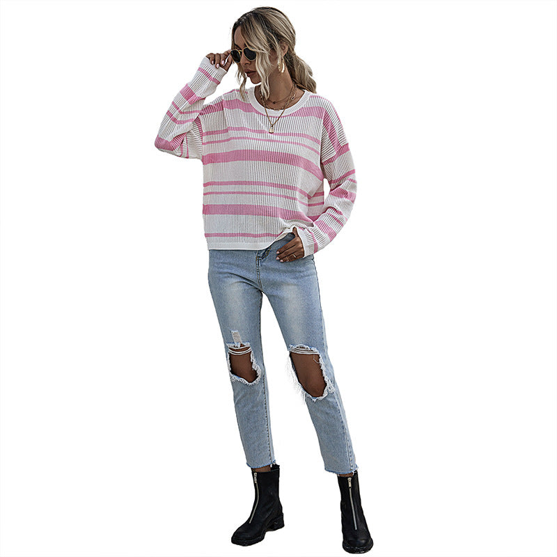 Striped Crewneck Knit Sweater with Long Sleeves