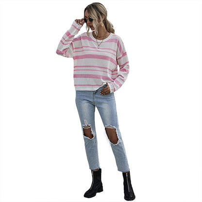 Striped Crewneck Knit Sweater with Long Sleeves